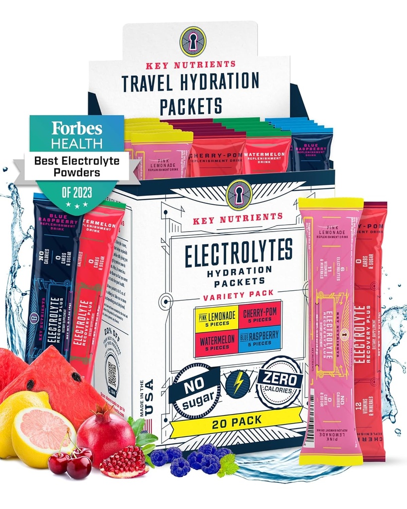 CLÉS NUTRIENTS Electrolytes Packets en poudre Pas de sucre - 4 saveurs délicieuses dans les paquets d'hydratation 20 Pack - Pas de calories, sans gluten Electrolytes Packets en poudre - Keto Friendly, Non OGM, Fabriqué aux États-Unis
