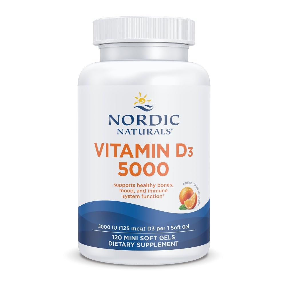 Nordic Naturals Vitamine D3 5000, Orange - 120 Mini Gels Soft - 5000 UI Vitamine D3 - Soutient les os sains, l'humeur et le système immunitaire - Non-OGM - 120 portions