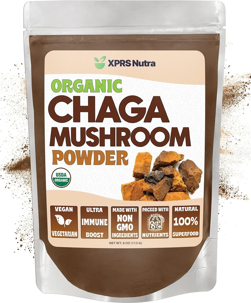 XPRS Nutra Organic Chaga Mushroom Powder - Premium USDA Organic Chaga Mushrooms Powder - Chaga Powder Supports Immune Health - Vegan Friendly Superfood per Chaga Tea and Beverages (8 oz)