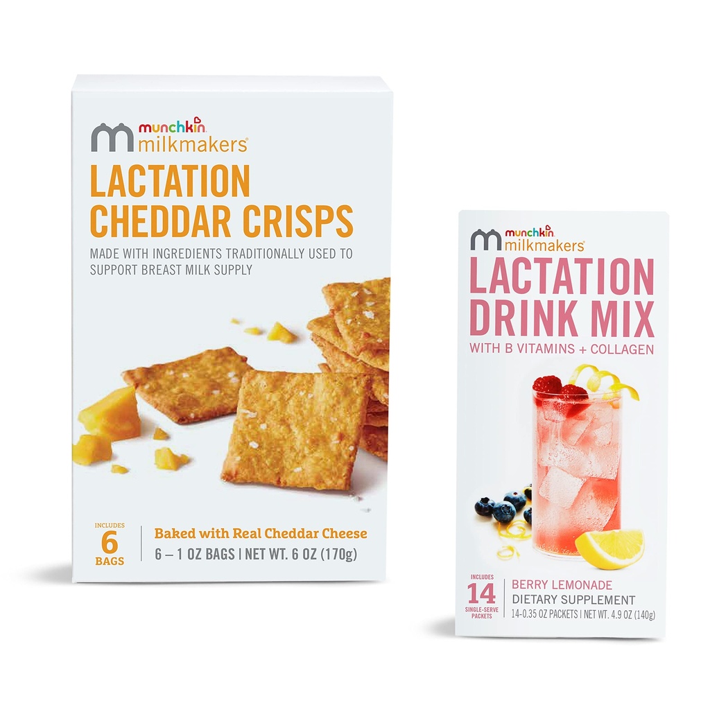 Munchkin® Milkmakers® Lactation Drink Mix Supplement mit B Vitamin & Milk Thistle, 14 Count und Lactation Cheddar Crisps für stillende Mütter mit Hafer und Fläschchen, 6 Count