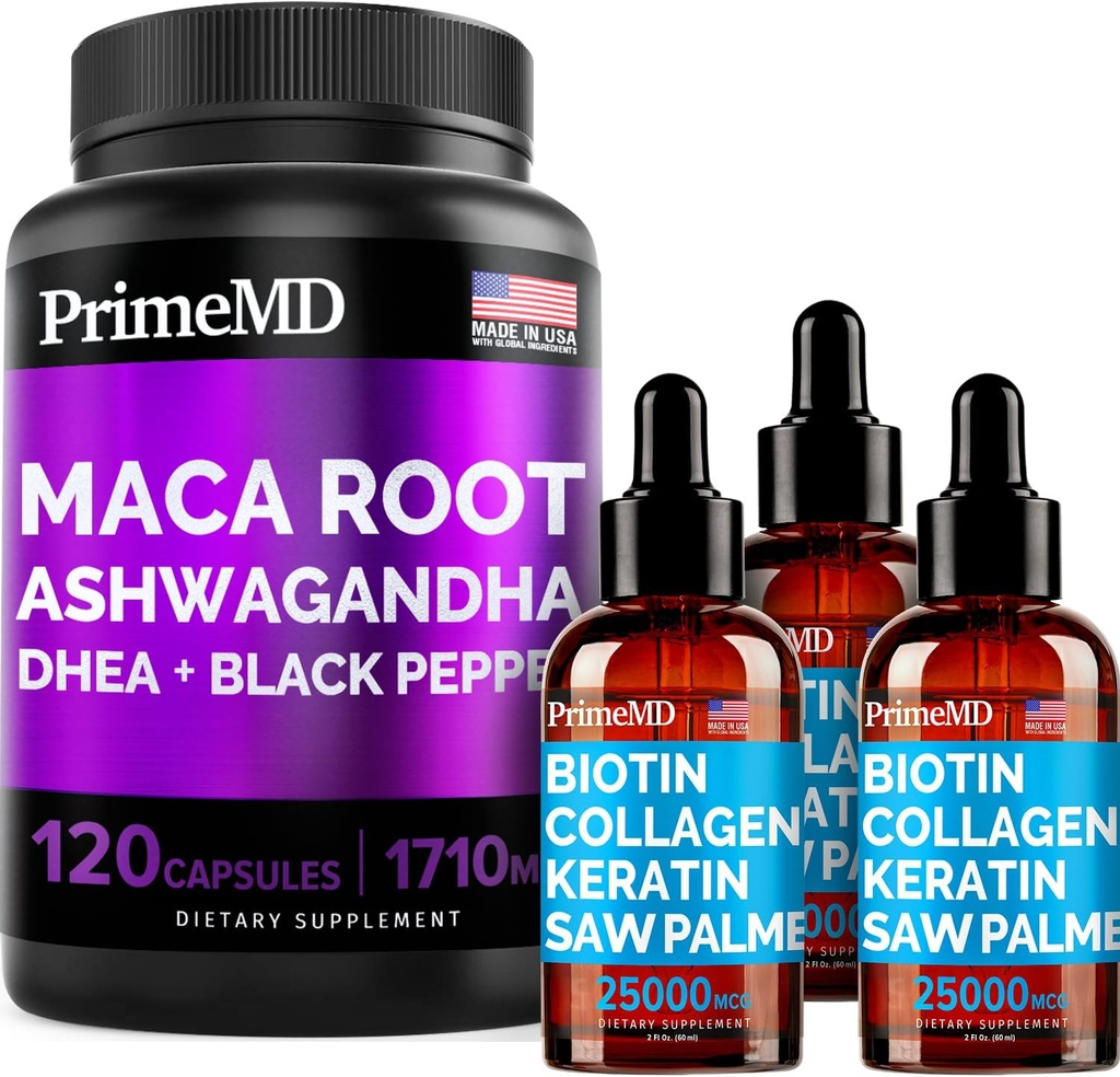 4-en-1 Liquid Biotin Collagen Kératin Saw Palmetto Drops (2 fl oz - 3 Pack) & 6-en-1 Maca Root Ashwagandha w Black Pepper Fruit (120ct) Bundle - Cheveux, peau, ongles, énergie et soutien de l'humeur