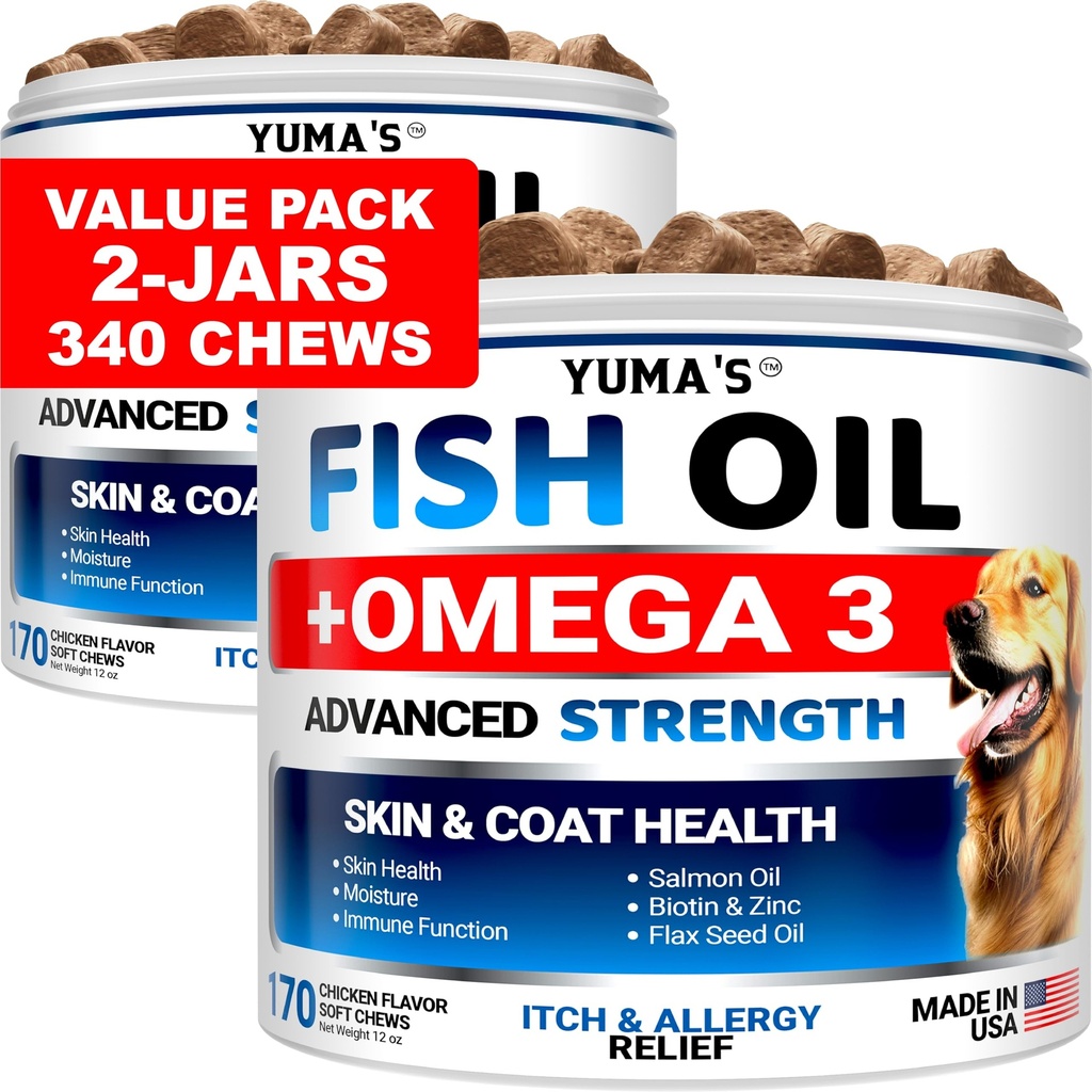 (2 Pack) Omega 3 Fish Oil for Dogs - 170 Chews - Skin and Coat Supplement - Omega 3 für Hunde - Dry & Itchy Skin Relief Behandlung - Allergiker Support Dog Anti Shedding Treats - Lachs - Huhn Flavor