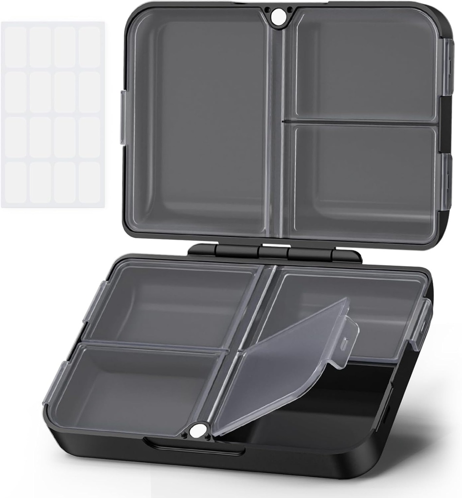 AUVON Daily Pill Organizer Passend zu Ihrem Geldbeutel oder Tasche, Kompakte Reise-Pille-Box-Gehäuse mit Slim Folding Design und Long-Lasting Hinges halten Vitamin, Fischöl, Ergänzung oder Schmuck (Schwarz)
