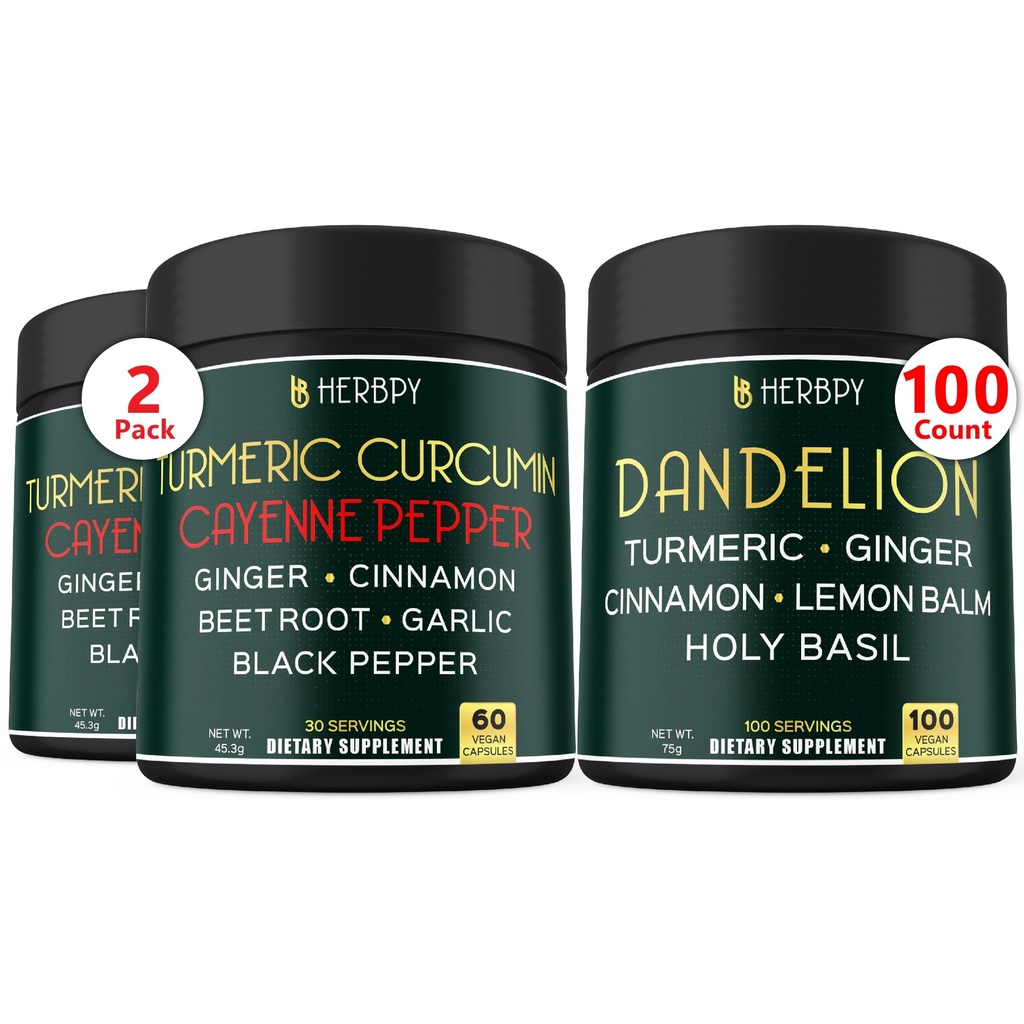 Bundle 7in1 Turmeric Curcumin & 6in1 Dandelion Supplement - Unterstützung Herz, Verdauung Gesundheit und Immunsystem