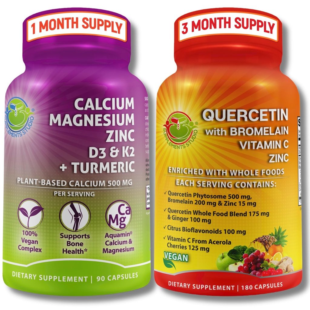 SUPPLEMENTARI STUDIO Quercetina con Bromelain, Vitamina C & Zinc + Calcium basato sulle piante, Magnesio, D3, K2 & Turmeric – Integratore Vegano 100% Bundle per Supporto Immune & Bone