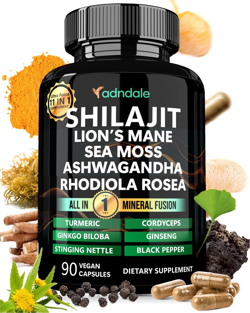 Adndale Shilajit Supplemento. Pure Himalayan Organic Shilajit per uomini e donne capsule con Sea Moss Ashwagandha Rhodiola Rosea Lion’s Mane.