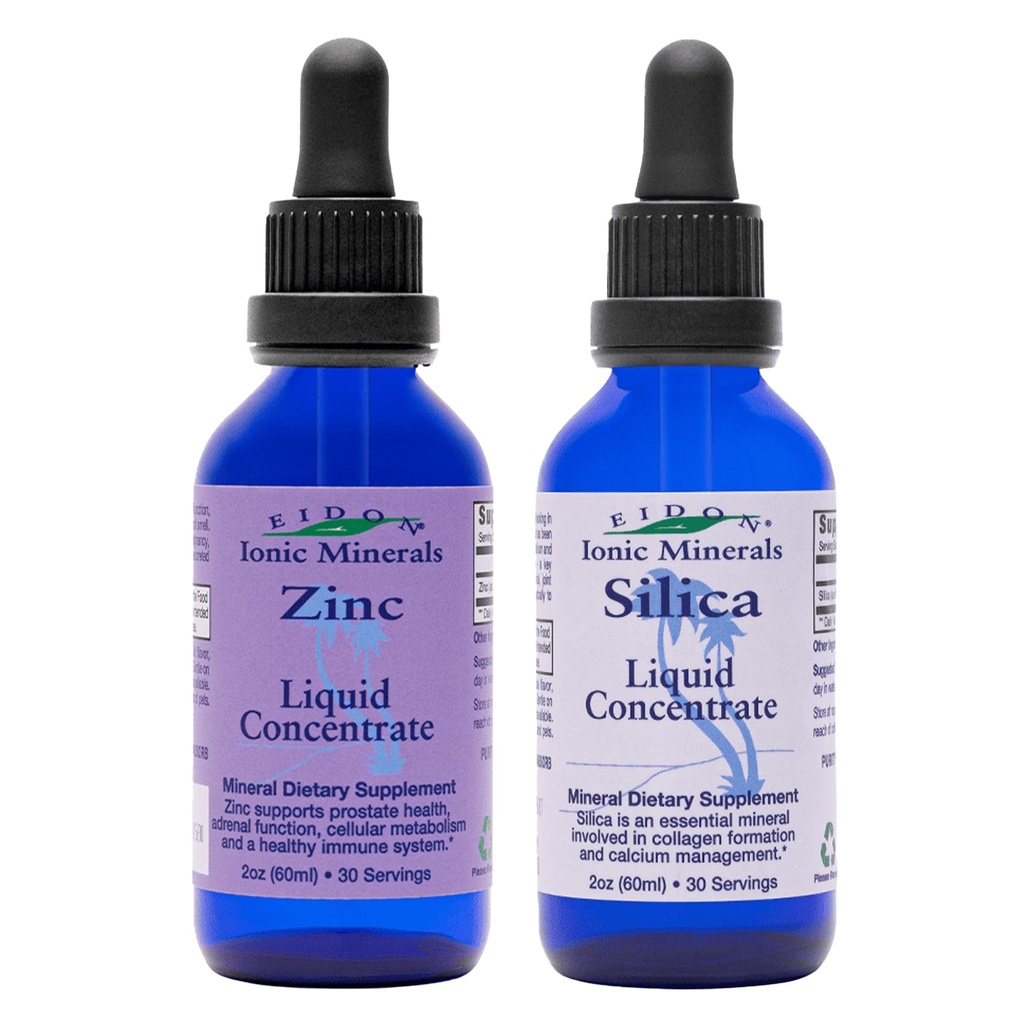 Minéraux ioniques d'Eidon gouttes liquides de silice et de zinc, 2 Fl Oz, santé immunitaire, soins de la peau, ingrédients tout-naturels, pas de couleurs artificielles ou de conservateurs