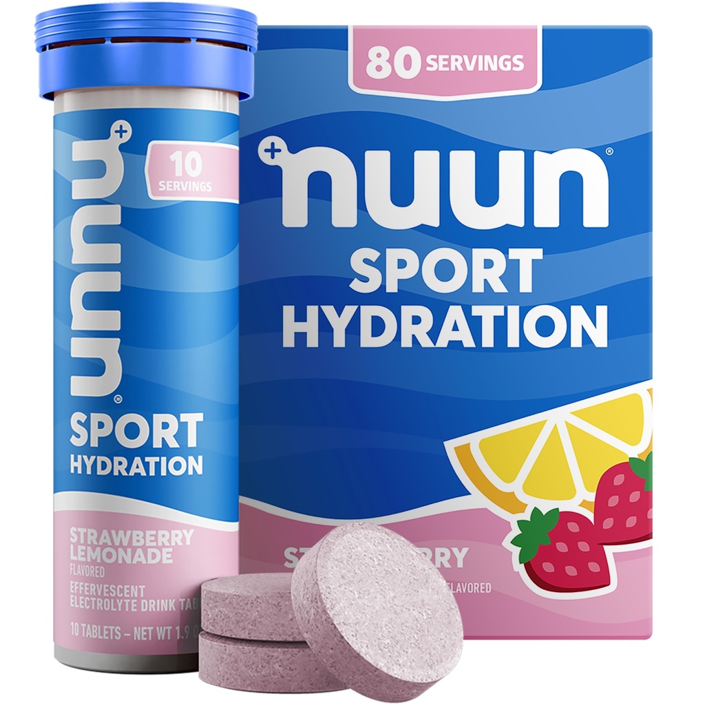 Nuun Sport Electrolyte Tablets con Magnesio, Calcio, Potassio, Cloruro & Sodio, Gluten Free & Vegan, Limonata di Fragola, 8 Pack (80 Servings Total)