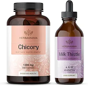 HERBAMAMA Chicory and Milk Thistle Kit - Bundle di 1200 mg Chicory Root Capsules & Milk Thistle Tincture 4 fl oz - Vegan, Non-GMO, Sugar & Alcohol-Free - 2 Pack
