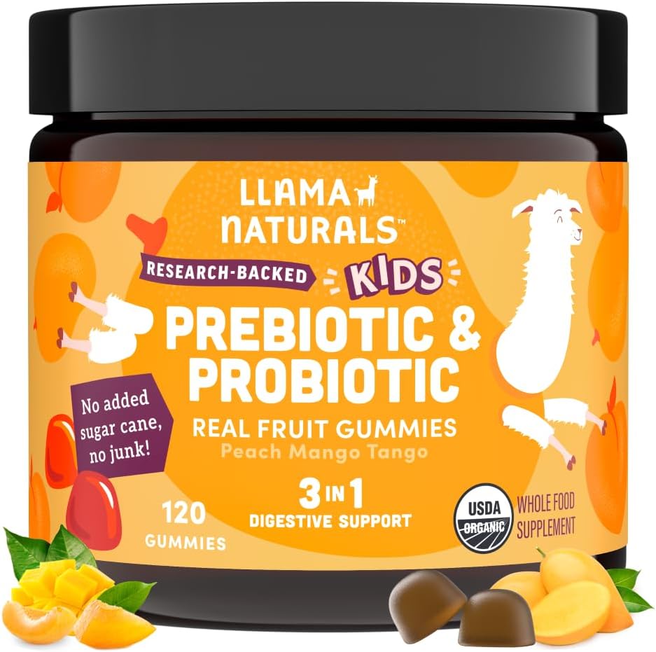 Probiotici per bambini con fibre prebiotiche, vegani, prebiotici organici e probiotici Gummies per Gut Health Support, Toddler Real Fruit Gummy Vitamins, No Aggiunto Sugar Cane, Peach Mango, 120 Ct