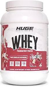 Huge Whey, polvere proteica per guadagno muscolare, 25g Protein, 12g EAA, Supporta la crescita del muscolo, Performance & Recupero (White Chocolate Raspberry, 30 Servings)