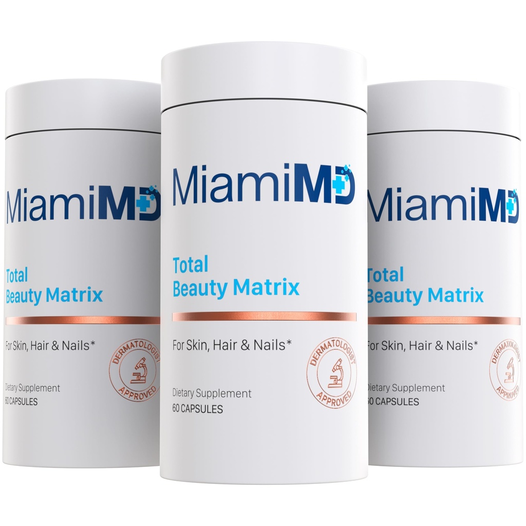 MiamiMD Total Beauty Matrix Collagen Integratori per Donne - Capsule Collagene con Vitamina C per Capelli, Pelle e Unghie - Cruelty Free - (60 Capsule) - 3 Pack