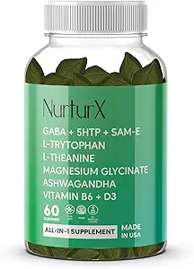 GABA + 5-HTP + SAM-e, L-Tryptophane, L-Theanine, Gummies Ashwagandha, Supplément tout-en-un naturel, Fabriqué aux États-Unis, Vegan, 60 Gummies