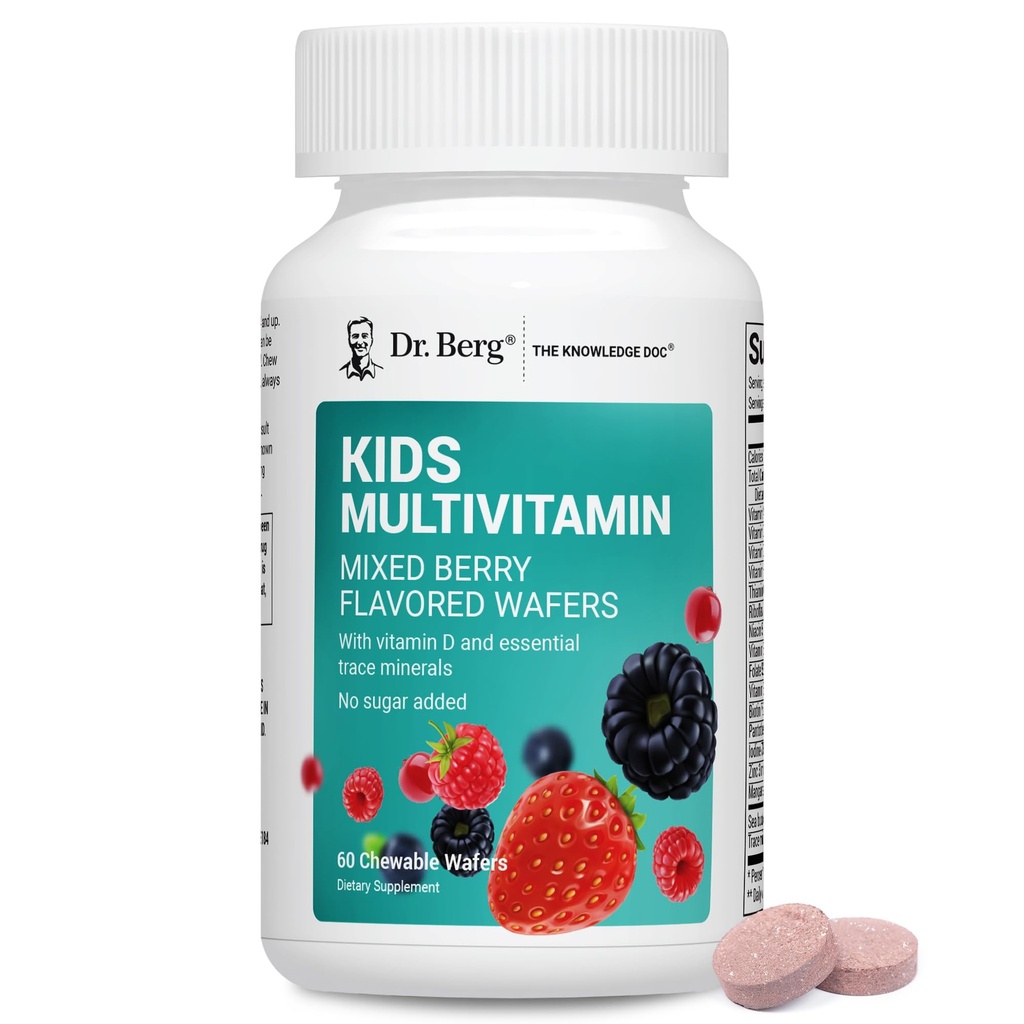Dr. Berg Kids Chewable Multivitamins (NOT Sweetened w/Sugar) - Multivitaminico giornaliero per i bambini che include 20 Nutrienti & Trace Mineral Complex - Vitamine masticabili a bacca mista per il bambino - Wafer rossi