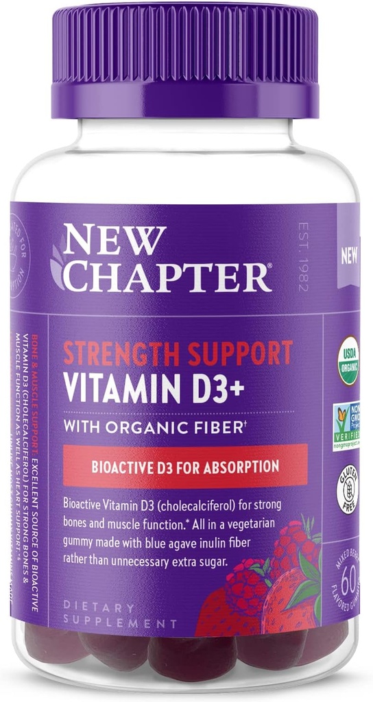 Nouveau chapitre Vitamine biologique D3+ Gommies – 52% Moins de sucre§, 1000 UI USDA Vitamine biologique D, ONE Gommy quotidien pour les os forts et la fonction musculaire, non-OGM, sans gluten, aromatisé aux baies mixtes, 60ct