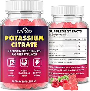 Gummies Citrato di potassio per adulti, Potassio senza zucchero 1000mg supporto Gambe & Equilibrio di elettrolita Alta potenza 60 Conte