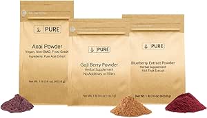 PURE ORIGINAL INGRÉDIENTS Poudre de baies, (1 lb chacune) Poudre d'açai, Poudre de baies Goji, Poudre de bleuets, Suppléments à base de plantes