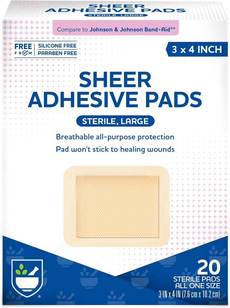 Rite Aid Sheer Adhesive Bandages mit sterilem Non Stick Pad, 3" x 4" - 20 Count | Wound Care/First Aid Supplies | Bandage Wrap | Medical Tape für Hautbänder