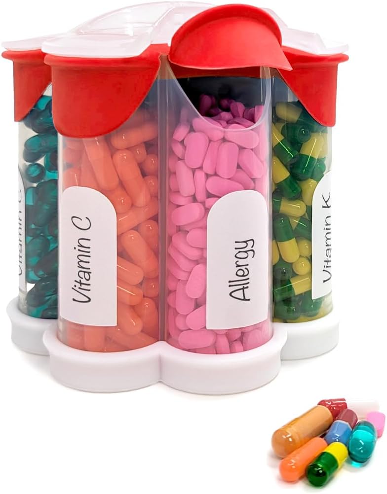 Extra Large Pill Organizer Quotidiano, Weekly, Bottiglia di supplemento mensile, Dispenser di pillole di Blossom carino con 7 XL scomparti, Scatola di pillole facile apertura per vitamine, farmaci, etichette incluse (rosso)