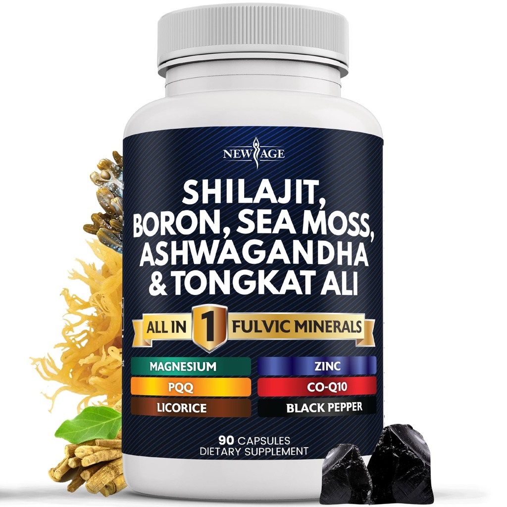 NUOVO AGE Shilajit Supplemento con Sea Moss, Ashwagandha, Tongkat Ali, Boron, Magnesio - Capsule di acido Fulvic per gli uomini - 90 Conte