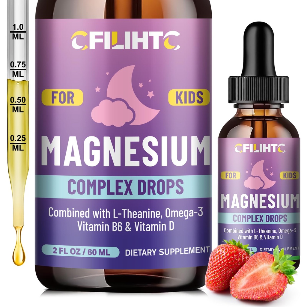 Liquido per bambini Magnesio Gocce-Magnesio Liquido Glycinate per bambini Supplement-w/L-teanina, Omega-3, Vitamina B6, D3 - per il sonno, Rilassamento, Cervello, Bones - 2 Fl Oz Calma per bambini, Aroma di fragola