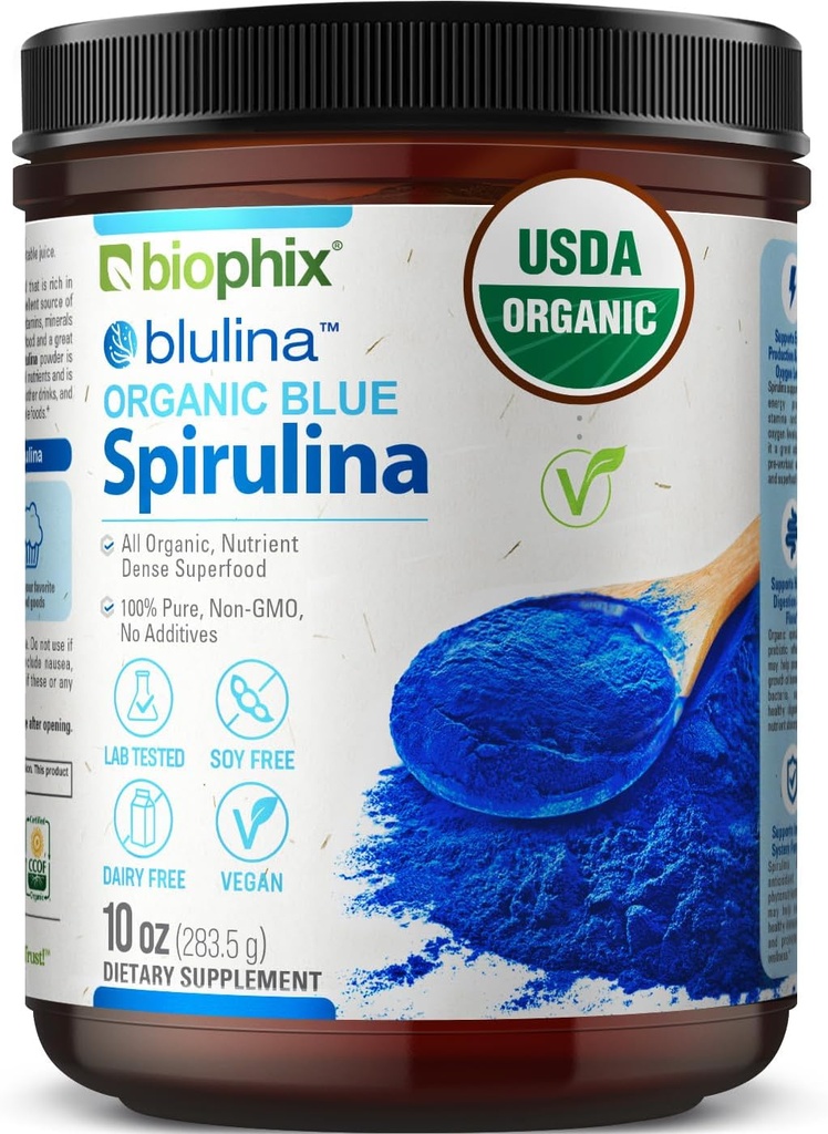 Biophix Poudre de Spiruline Bleue Blulina Biologique 10 oz - Algae Poudre de Spiruline Biologique 283 portions - Supplément Superfood - Pigment Bleu Naturel - Espirulina en Polvo Organica Pura Azul