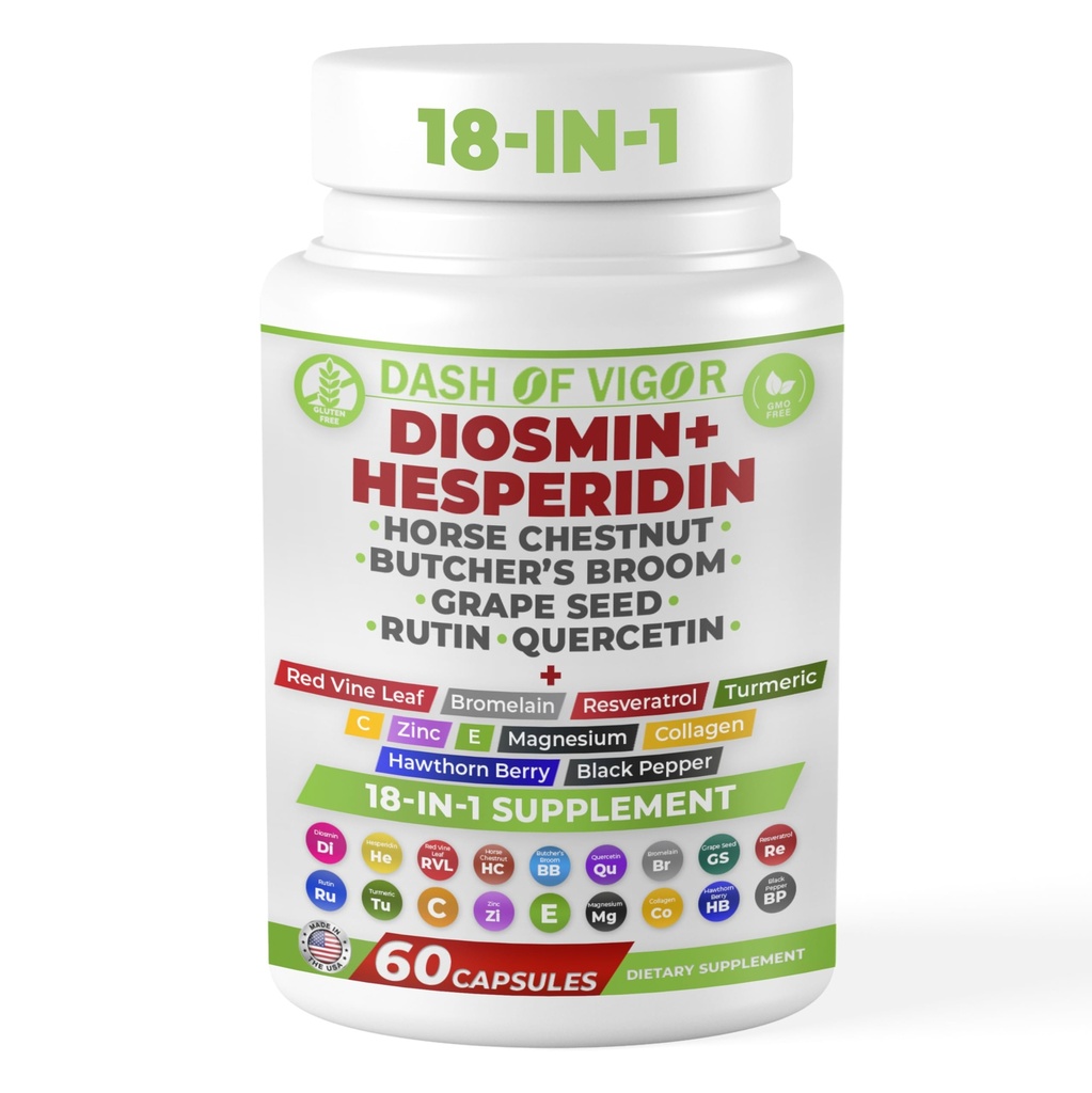 Antipasto di Vigor 18-in-1 Diosmin Hesperidin Supplemento, Quercetina con Bromelain, Zinco, Vitamina C con Rutin Supplement, Estratto di castagne di cavallo, Estratto di ginestra di macellaio, USA, 60 capsule