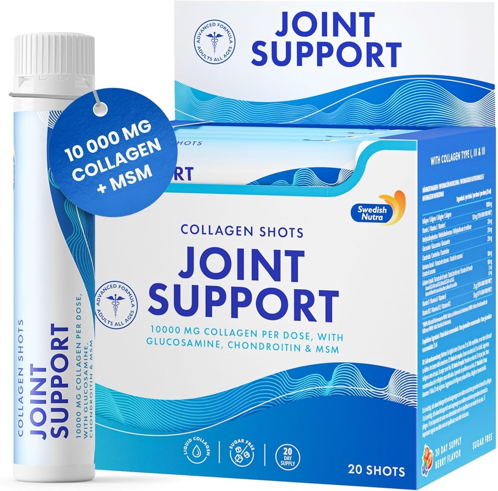 Nutra svedese - Supporto congiunto Shots I 10.000 mg Collagen Tipo I, II & III I Glucosamine, MSM, Condroitina, Turmerico I 100% Flavour Naturale I Sugar-Free - 20 Shots per Box