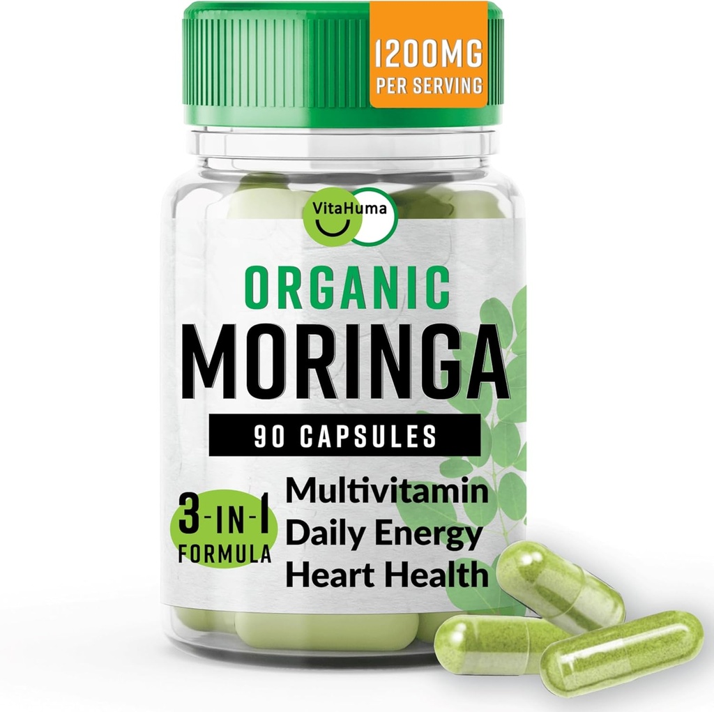 Organic Moringa, Nutrient-Dense Antioxidant Support with Vitamin C, A, E, Calcium, Potassium, Iron, Magnesium, Protein & Amino Acids for Hydration & Energy, Vegan, 1200 MG Per Serving, 90 CT