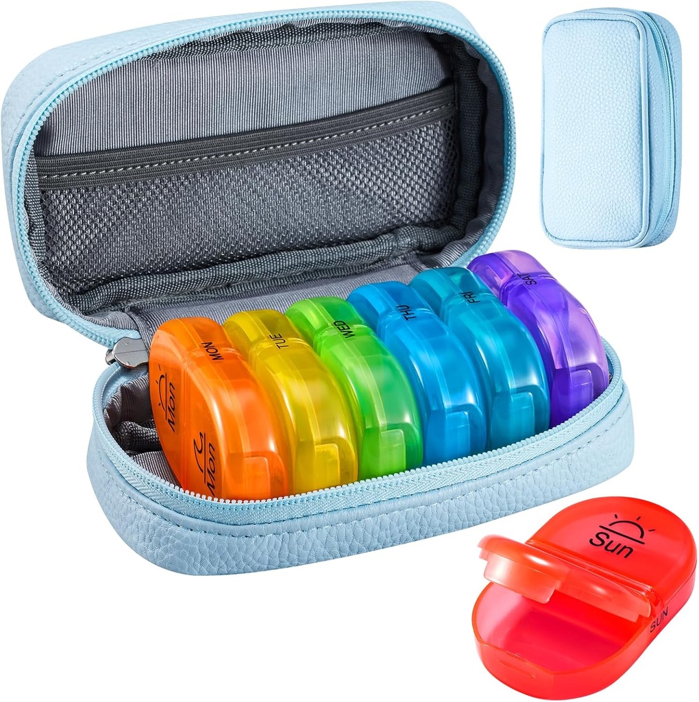 Serfeymi Weekly Travel Pill Organizer 2 fois par jour AM PM Upgraded Rainbow Pill Box 7 Day with Portable Zipper Pill Case en cuir PU, Organisateur de médecine pour les pilules, les vitamines, les huiles de poisson - Bleu 01