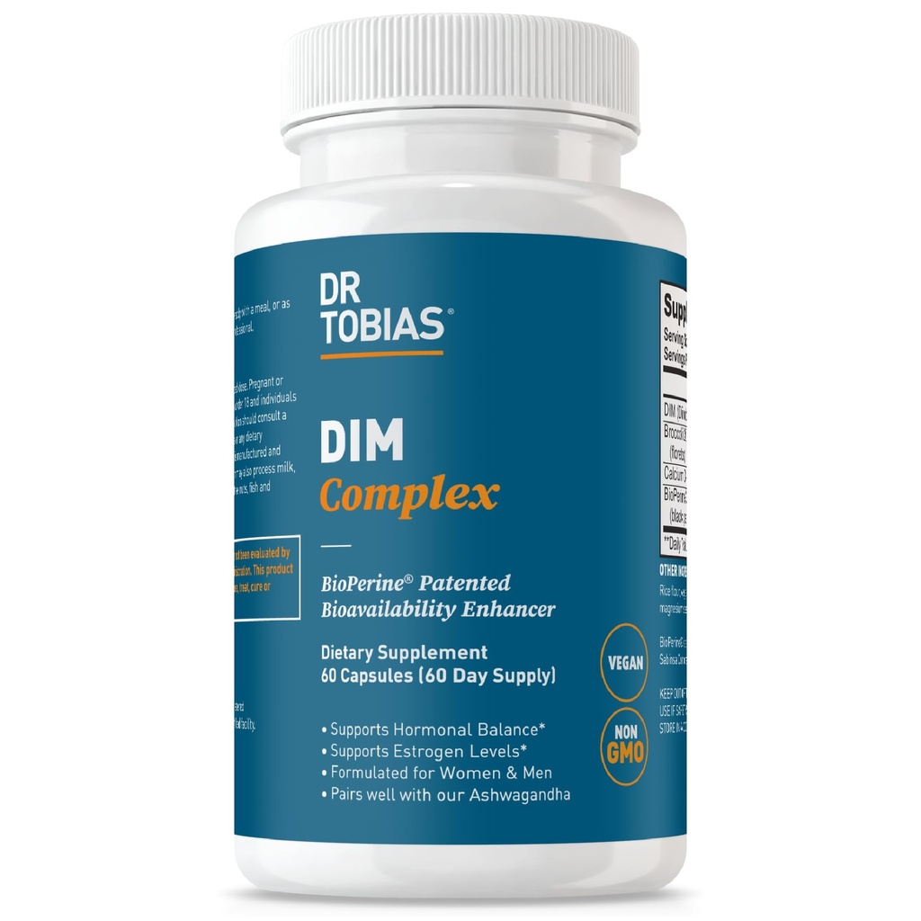 Dr. Tobias DIM Complex, Hormon Balance für Frauen und Männer, DIM Ergänzung mit BioPerine, Broccoli Extract & Calcium D-Glucarate Estrogen Detox Balance Complex, Non-GMO, Vegan, 60 Kapseln