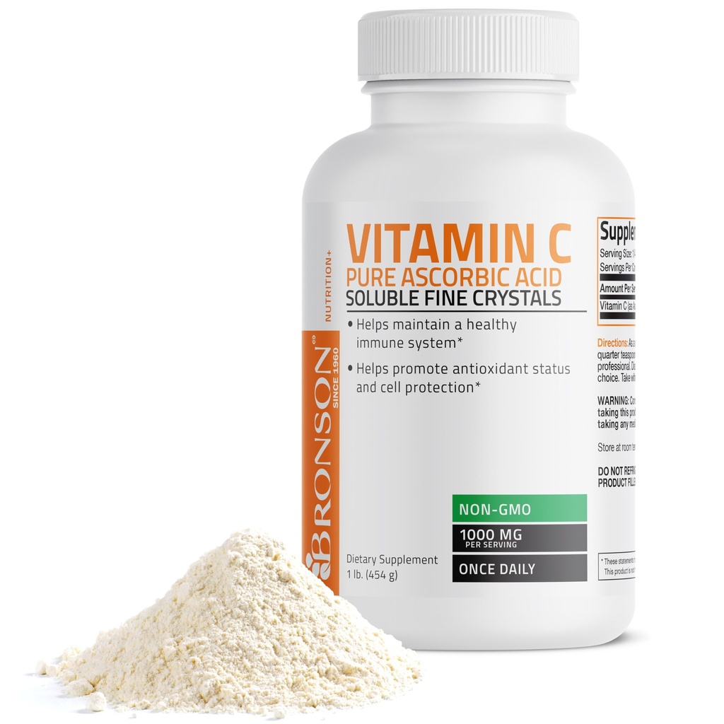 Bronson Vitamin C Pulver reine Ascorbinsäure lösliche feine nicht GMO-Kristalle – Fördert gesundes Immunsystem und Zellschutz – Leistungsstarkes Antioxidans - 1 Pfund (16 Unzen)