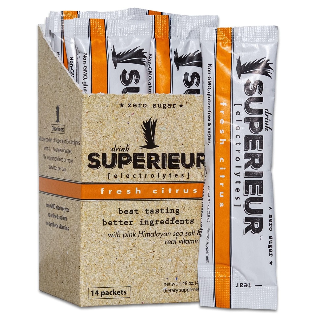Superieur Electrolyte Powder Packets - Vegan Electrolyte Hydration Powder w/Sea Minerals - Keto Friendly, Non OGM, Zero Sugar Electrolyte Supplement - Healthy Sports Drink - Citrus (14 Packets)