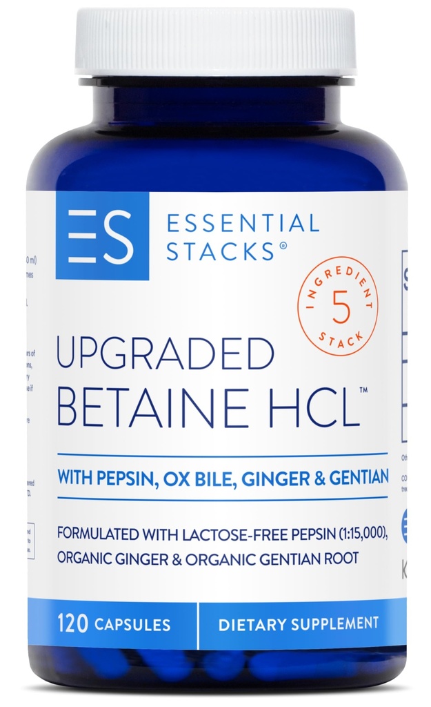 Essential Stacks Betaine HCL mit Pepsin, Ox Bile, Organic Gentian & Ginger - Betaine Hydrochlorid Ergänzung w Verdauungsenzyme, Bile & Bitters - Gluten, Dairy & Soy Frei (120 Kapseln)