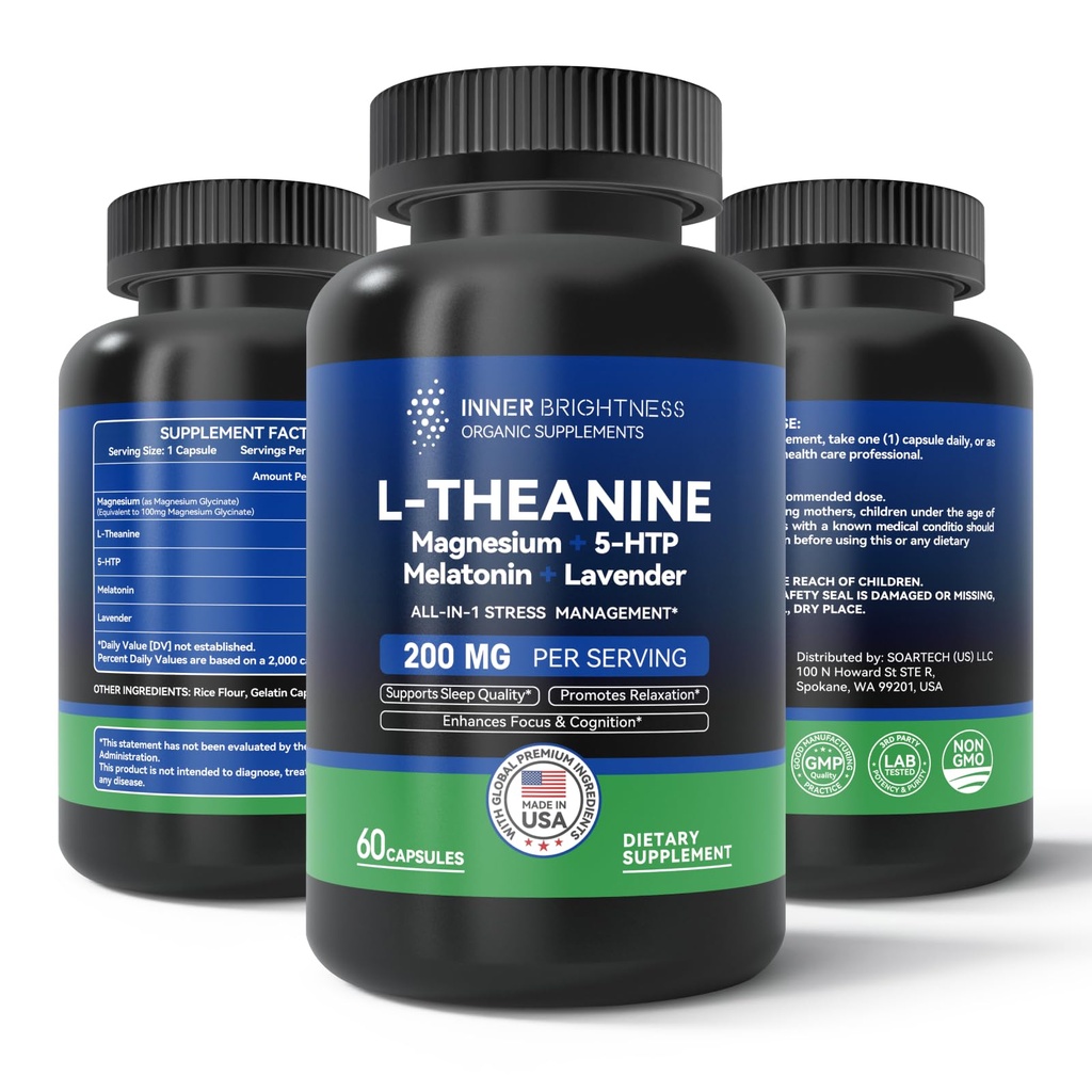 L Theanin 200mg, Magnesium, 5-HTP & Melatonin – All-in-1 L-Theanin Ergänzung für Stress, Fokus & Kognition, Schlaf - 60 Kapseln