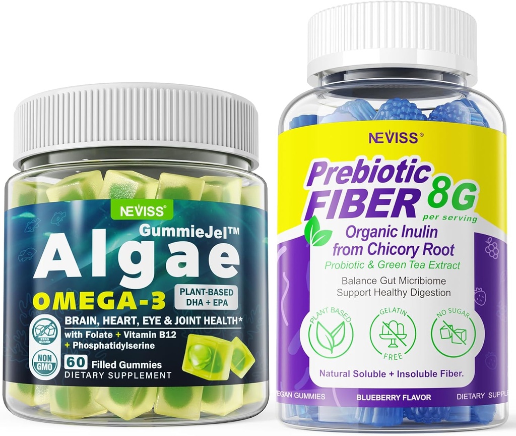 Vegan Omega 3 Gummies 1000mg + Prebiotic Fiber Gummies for Adults 8g