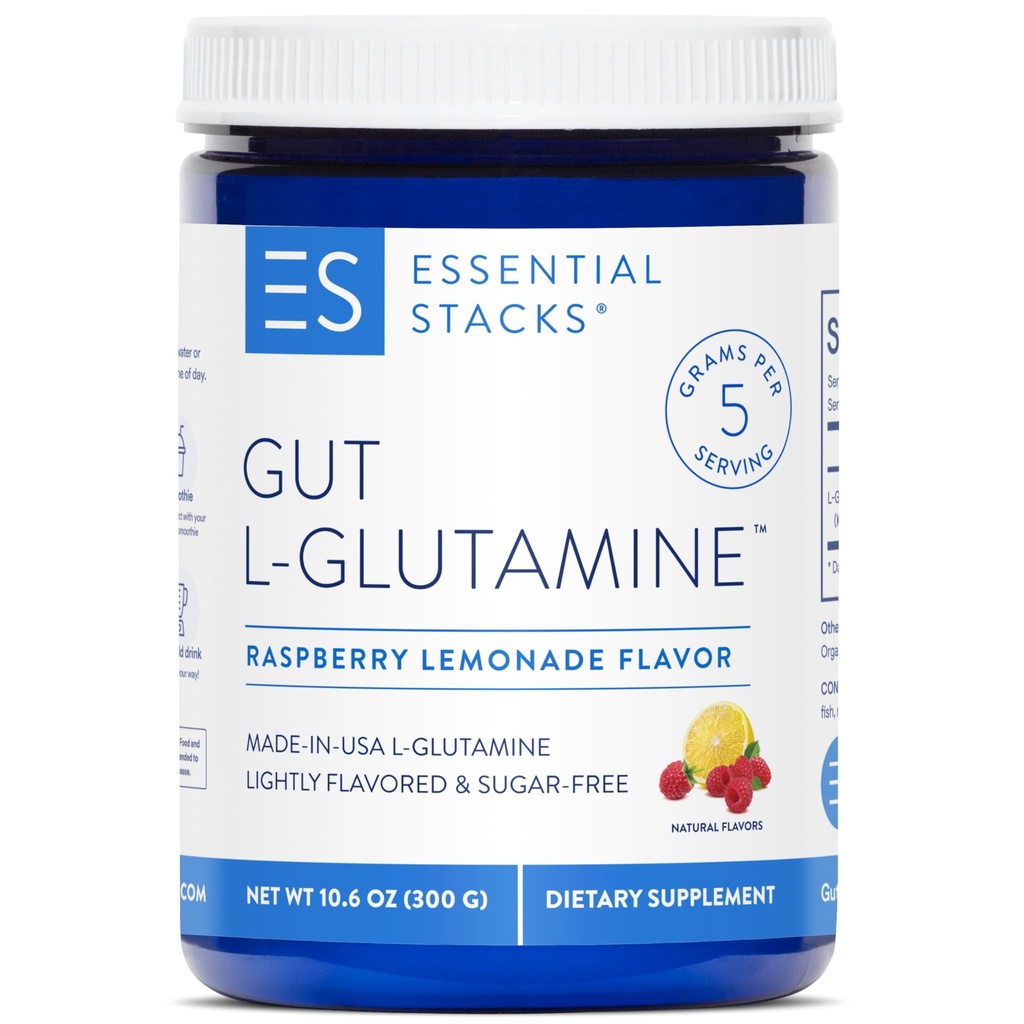 Stacks essentiels Gut L-Glutamine en poudre - Fabriqué exclusivement aux États-Unis - Pure L Glutamine en poudre pour la santé Gut (50 portions, Lémonade aux framboises)