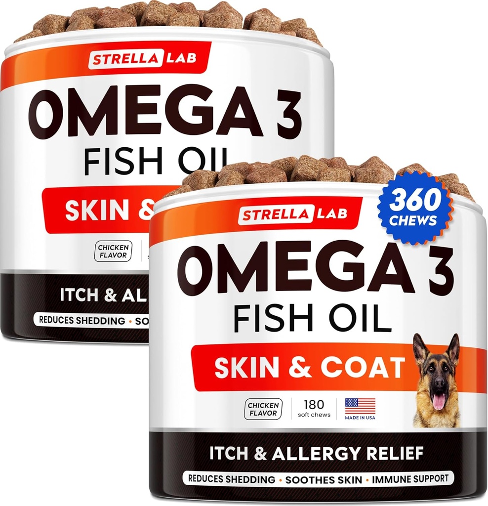 STRELLALAB Omega 3 for Dogs - (360Ct) Fish Oil Treats - Allergy & Itch Relief Skin & Coat Supplement - Dry Itchy Skin, Anti Shedding & Hot Spots Treatment - Pet Salmon Oil Chews - Chicken Flavor