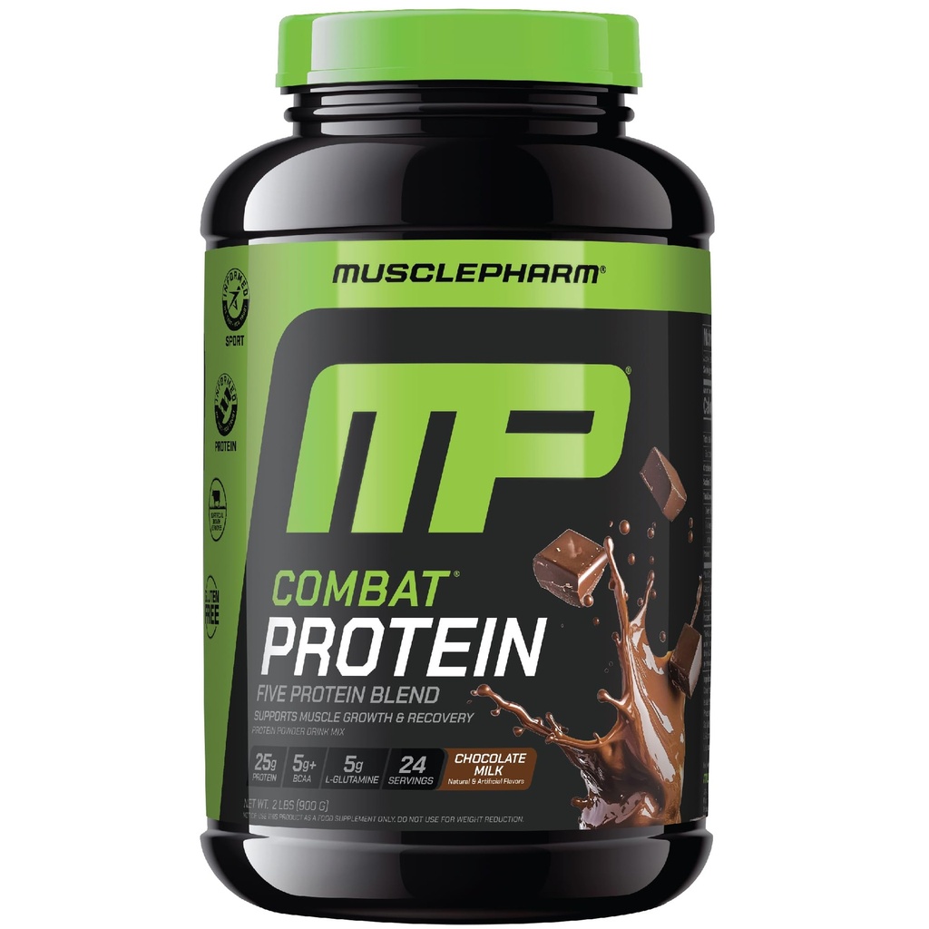 MusclePharm Combat Protein Powder, Chocolate Milk Flavor, Fuels Muscles for Productive Workouts, 5 Protein Sources Compreso Whey Protein Isolate & Egg Albumin, Gluten Free, 2 lb, 24 Servings