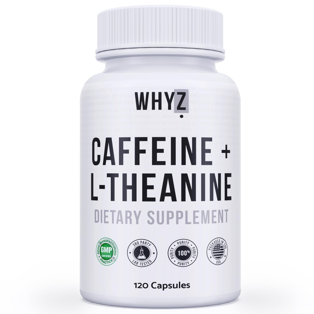WHYZ Pillole di caffeina con L-teanina, 120 capsule, Pillole di energia Nootropic Stack, Vitamine di energia per la messa a fuoco di energia sostenibile e funzione cognitiva, L Theanine Caffeine Integratori di energia per le donne e gli uomini
