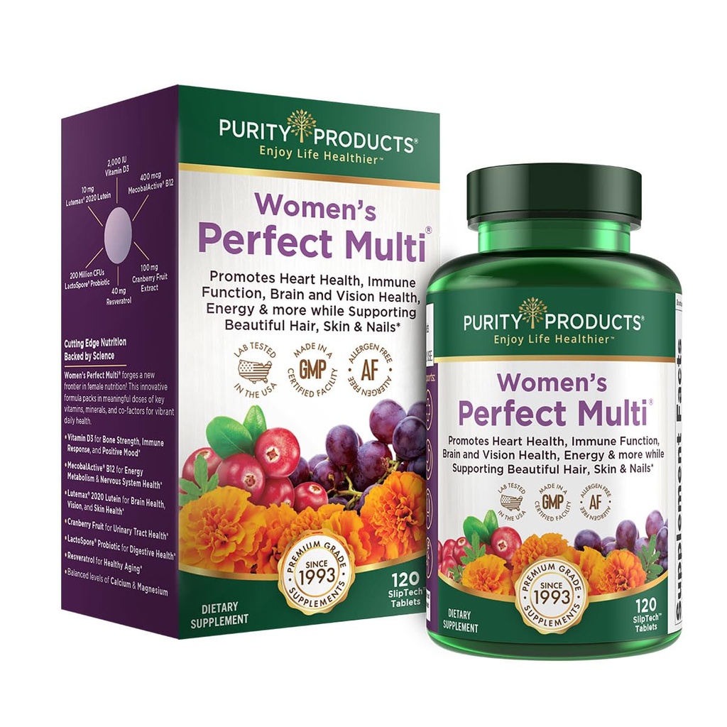 Prodotti di purezza Multivitaminico perfetto delle donne - Supporta la salute del tratto urinario, Immune, Bone + Muscolo, Capelli, Pelle, Unghie, un Probiotico Elite per la salute digestiva + di più - 120 compresse