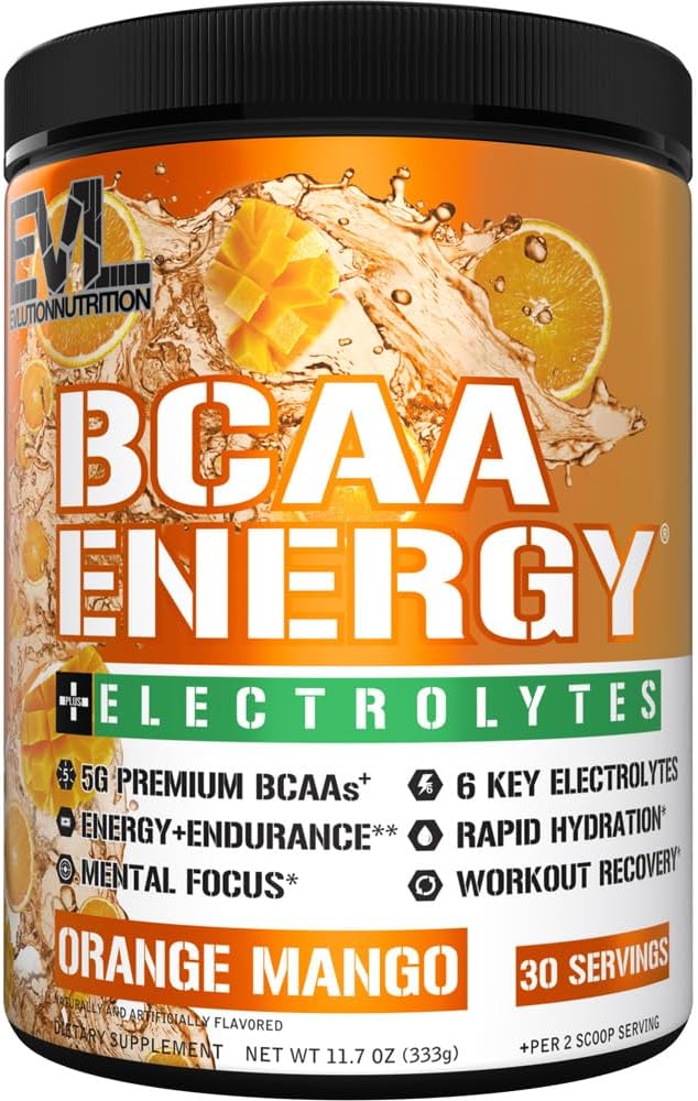 EVL BCAAs Aminosäuren Pulver - BCAA Energy Pre Workout Pulver für Muskel-Recovery Lean Wachstum und Endurance - Rehydrating Post Workout Recovery Drink mit 6 Schlüssel Elektrolyten - Orange Mango