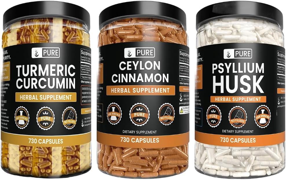 PURE INGREDIENTS ORIGINAUX Ceylan Cinnamon, Psyllium Husk et Turmeric Capsule Bundle (730 Capsules chacune), Pas de magnésium ou de riz