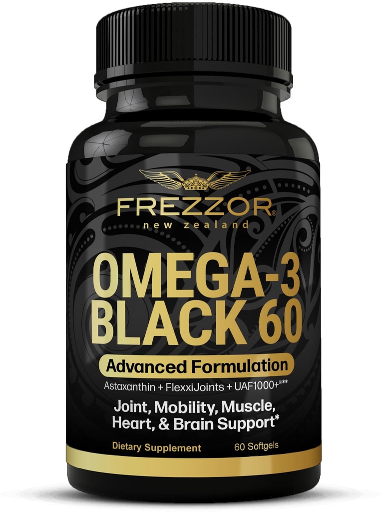 FREZZOR Omega 3 Noir pour l'entretien et le confort des articulations - Nouvelle-Zélande Capsules d'huile de moules à lisière verte; 53x Plus grande puissance avec UAF1000+ Super Antioxydant, Pas de Après-goût de poisson, 1-Pack, 60 Softgels