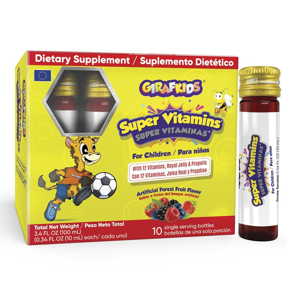 GirafKids Super Vitamine per bambini Età 4+ | 10 Bottiglie di servizio Multivitaminici liquidi per il supporto immunitario & energia | 12 Vitamine | Tasty Forest Fruit Flavor | Arricchito con Royal Jelly & Propolis