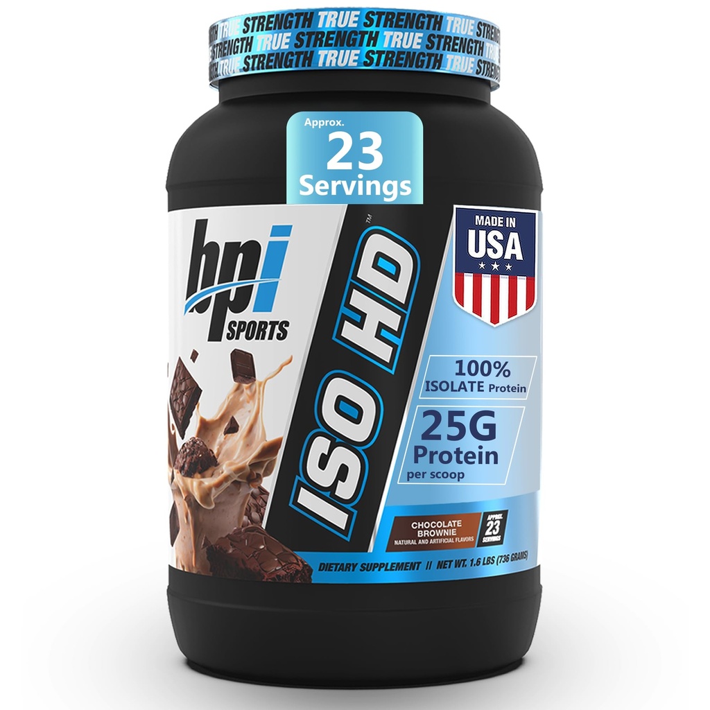 BPI Sports ISO HD Isolate Protein Powder – 100% Whey Isolate, Protein Powder for Muscle Gain - Chocolate Brownie - 1.6 Lb - 23 Servierungen