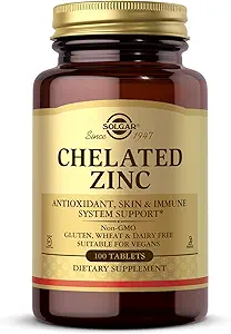 Solgar Chelated Zinc, 100 compresse - Zinco per la pelle sana - Supporta la crescita cellulare e la formazione del DNA - Estende attività antiossidante - Supporta un sistema immunitario sano - Non OGM, Gluten Free - 100 Serve