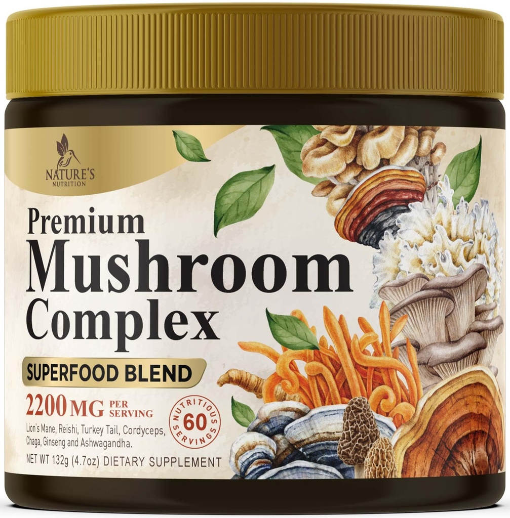 Pilz-Pulver-Ergänzungen 2200mg - 11 in 1 Komplexe Formel-Pulver mit Bio Lions Mane, Reishi, Cordyceps, Chaga, Türkei Tail Pilz-Extrakt-Ergänzung für Memory & Brain-Unterstützung - 60 Servietten