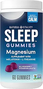 Vitalité naturelle CALM Sleep Gummies Supplément de magnésium, Mélatonine & Citrate de magnésium, Gummies d'aide au sommeil, L-Theanine, sans gluten, aide le corps à s'endormir, Blueberry Pomegranate 60 Compte