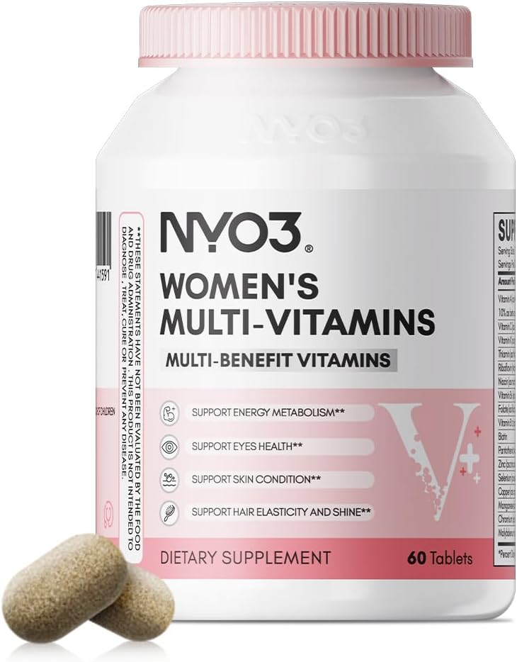 Multivitaminico NYO3 per le donne con zinco e vitamine biotina A,C,K,B2,B6,B12 & Multimineral | Multivitaminici giornalieri bellezza & energia | senza glutine, alimentazione 60 giorni